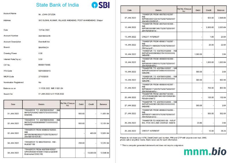 India Standard Chartered Bank statement Word i szablon PDF, Wersja 2